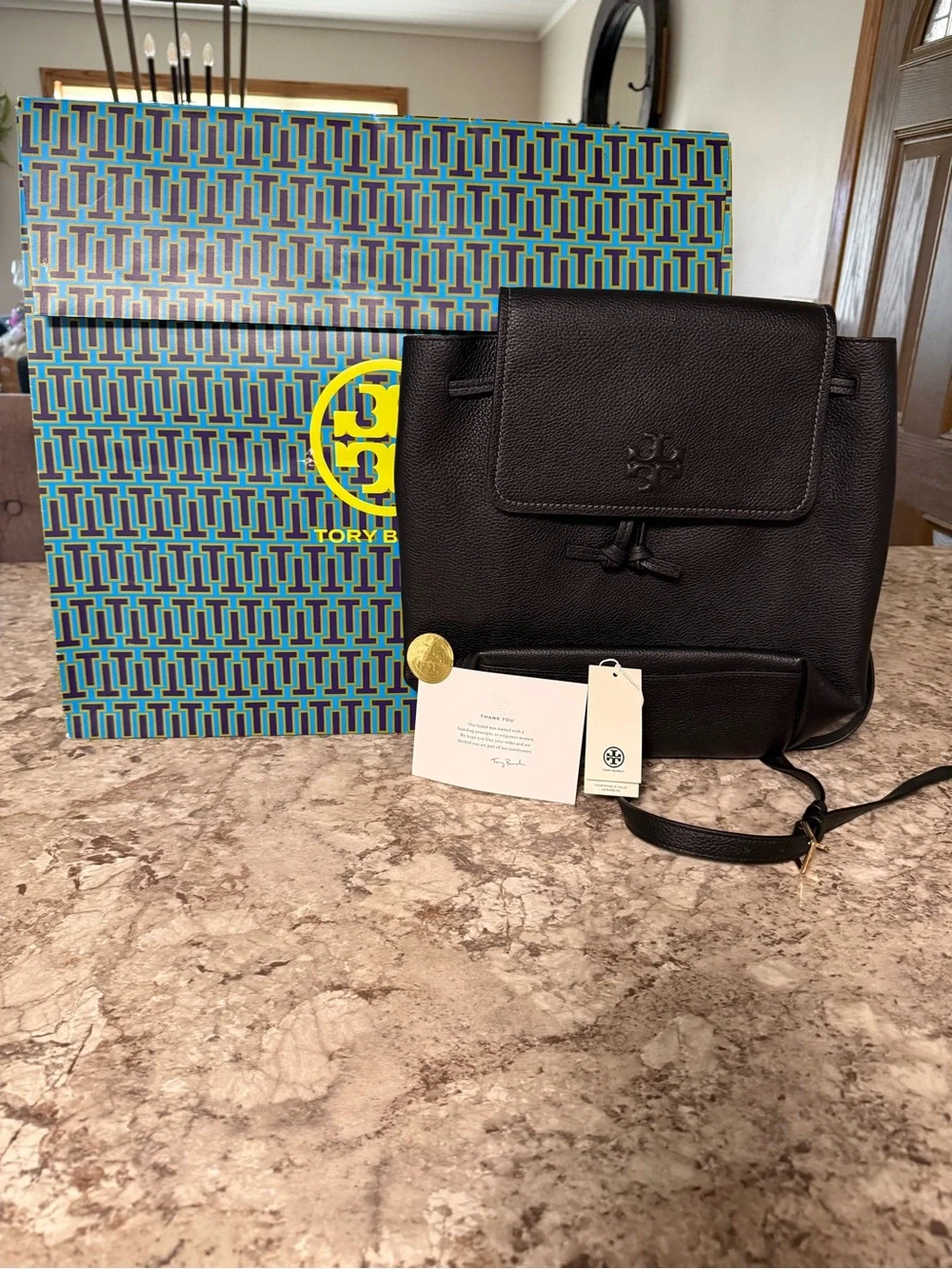 New Tory Burch Thea large leather black backpack